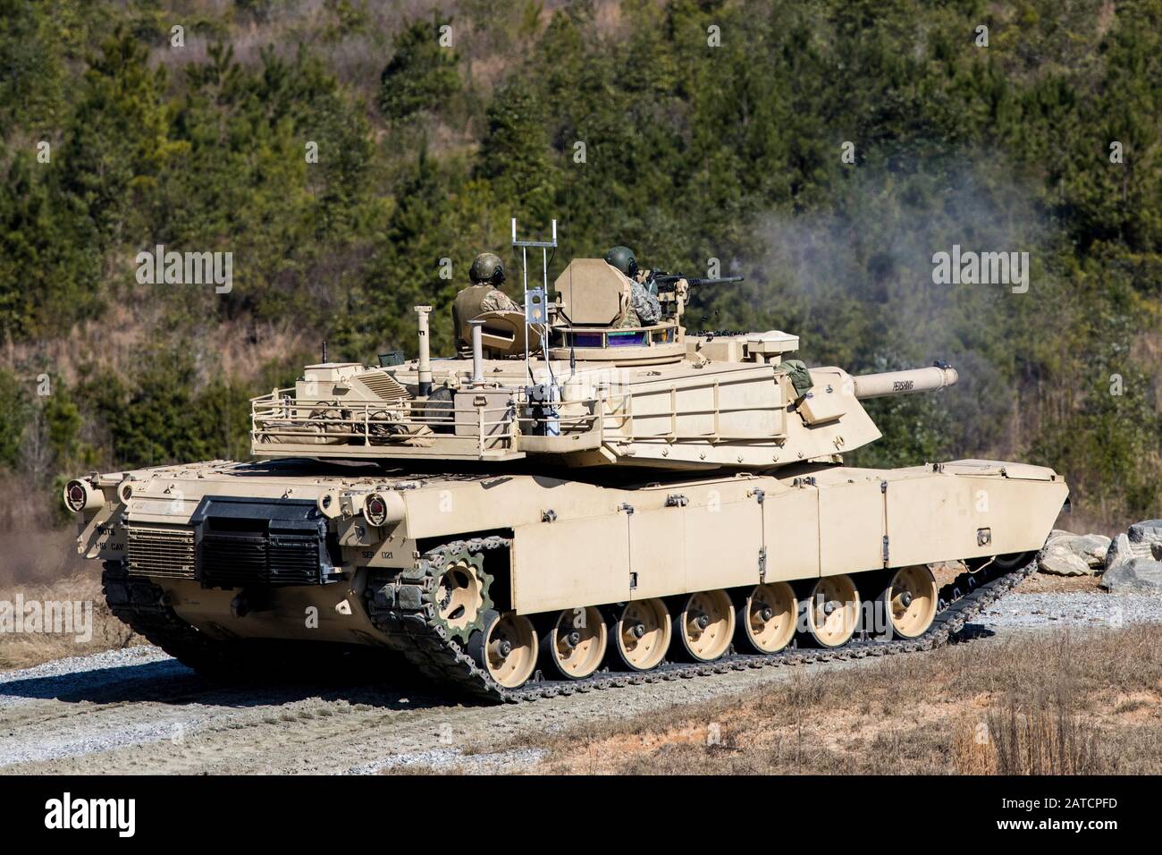 A U.S. Army M1A2 Abrams Tank, with 2nd Squadron, 16th Calvary Regiment, conducts range training during Armor Basic Leaders Course at Ft. Benning, GA on Jan. 30, 2020. Armor Basic Leaders Course, led by 2nd Squadron, 16th Calvary Regiment, trains and develops Tank Platoon Leaders who are competent leaders of character capable to lead, fight, and win in the multi-domain environment while increasing Soldier readiness and strengthing Family and community bonds. (U.S. Army Reserve Photo by Staff Sgt. Joshua Wooten) Stock Photo