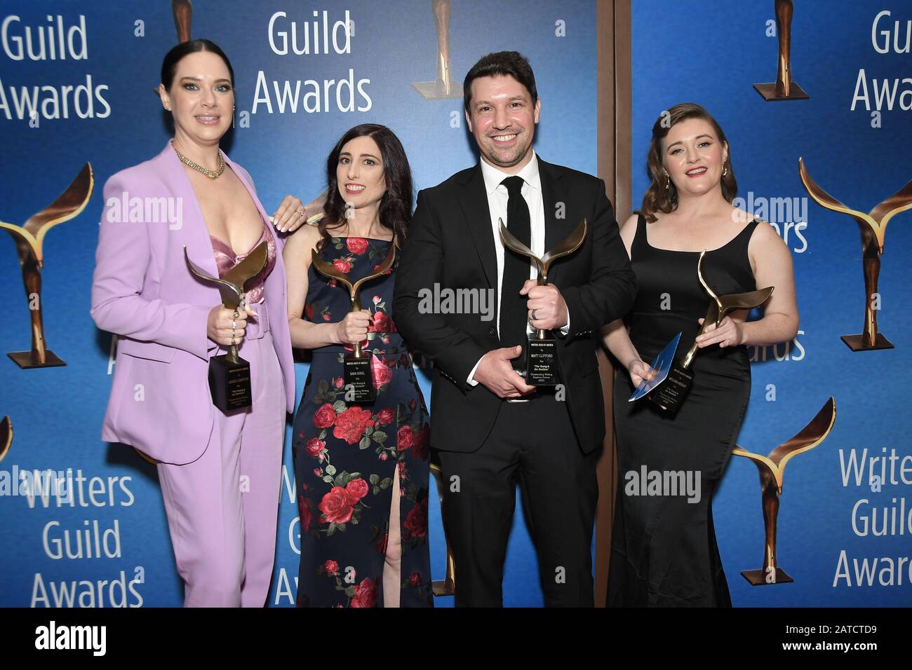 Beverly Hills, USA. 01st Feb, 2020. "Outstanding Writing Daytime Drama" award for "The Young and the Restless" Annie Compton, Sara Bibel, Matt Clifford and Mellinda Hensley pose in the press room during the 2020 Writers Guild Awards held at the Beverly Hilton Hotel on February 1, 2020 in Beverly Hills, CA, USA. (Photo by Sthanlee B. Credit: Sipa USA/Alamy Live News Stock Photo