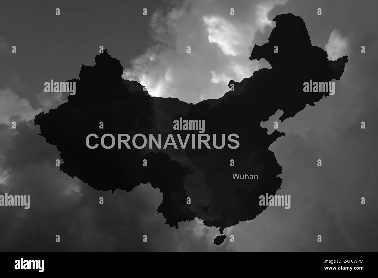 Corona Virus sign and the map country silhouette of China Stock Photo