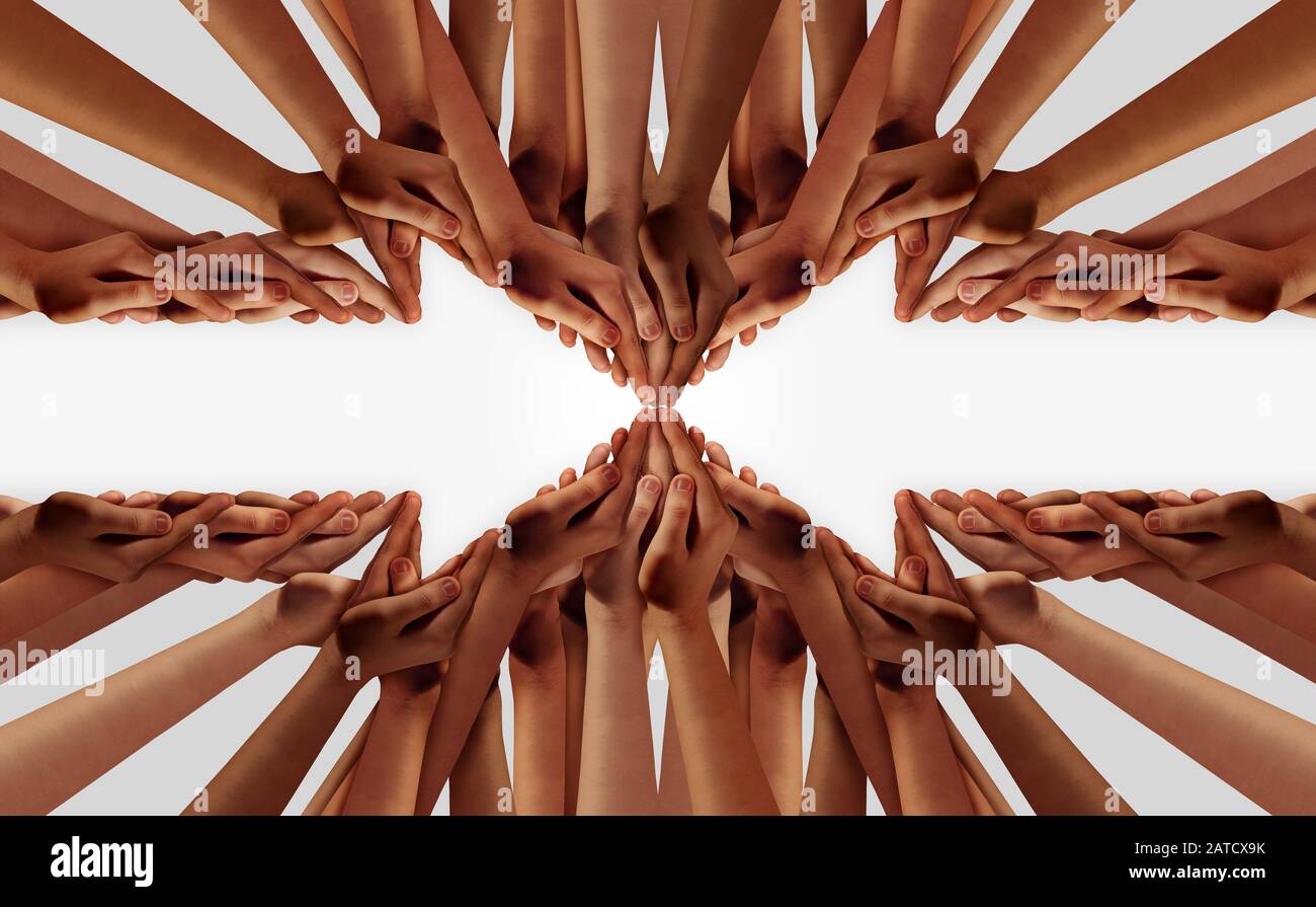 Large business group and people unity as groups as diverse teams with hands together working in teamwork for reaching success as a composite image. Stock Photo