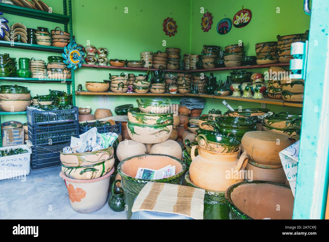 Green Pottery Traditional Village Atzompa, Oaxaca, Mexico Stock Photo