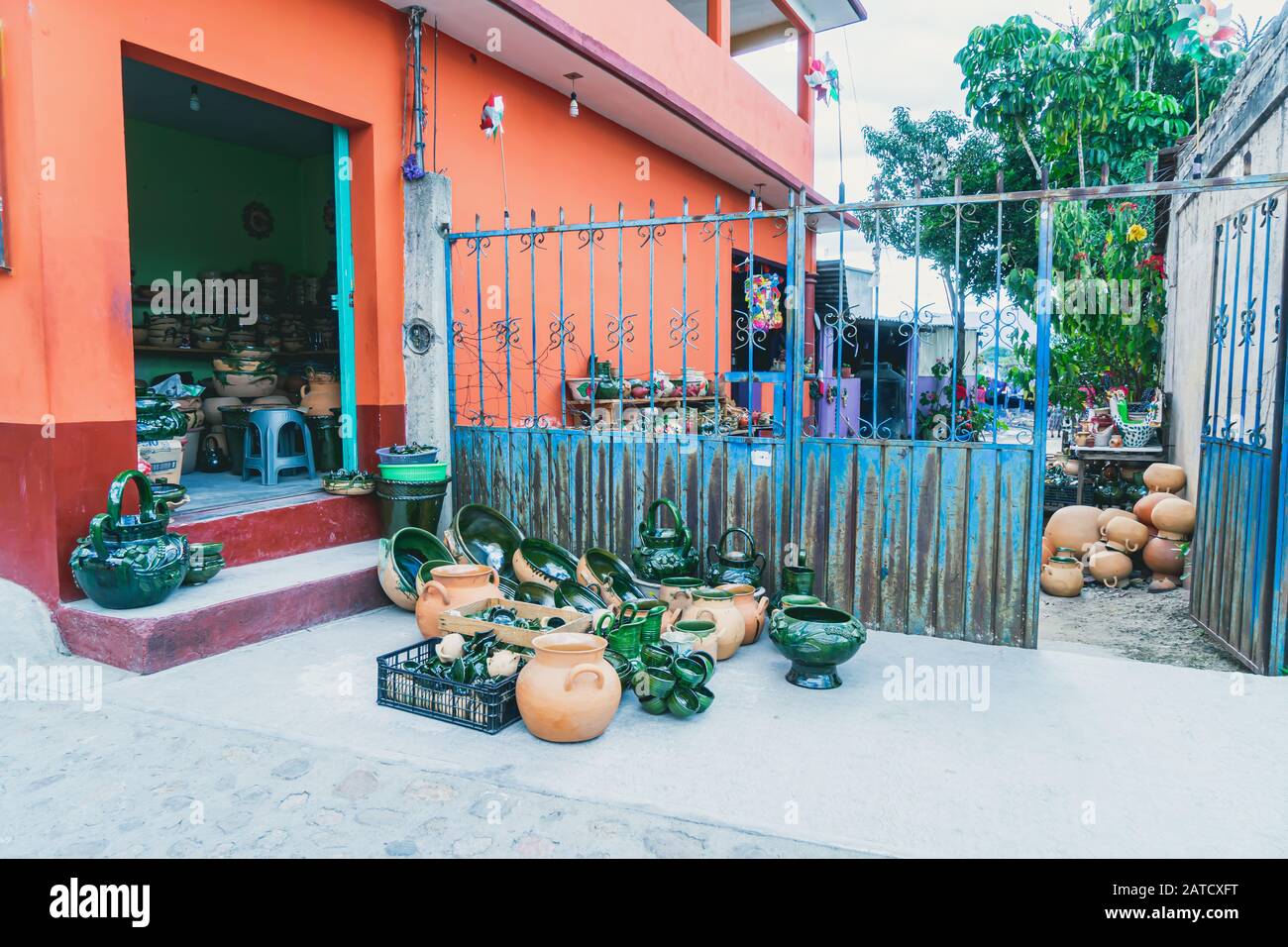 Green Pottery Traditional Village Atzompa, Oaxaca, Mexico Stock Photo