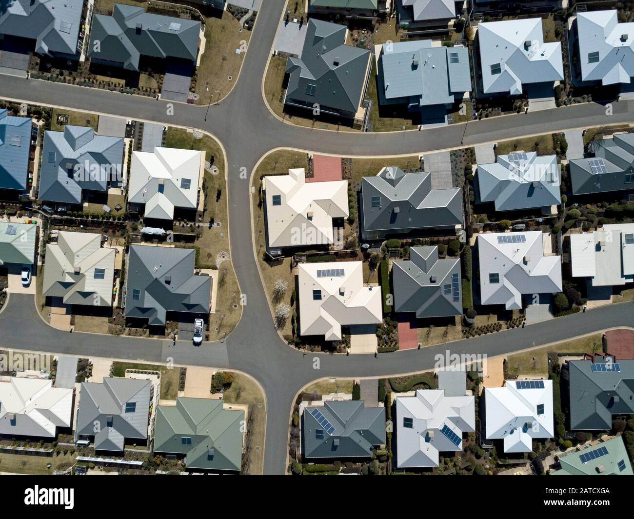 Aerial houses and urban street scene in small Victorian town with