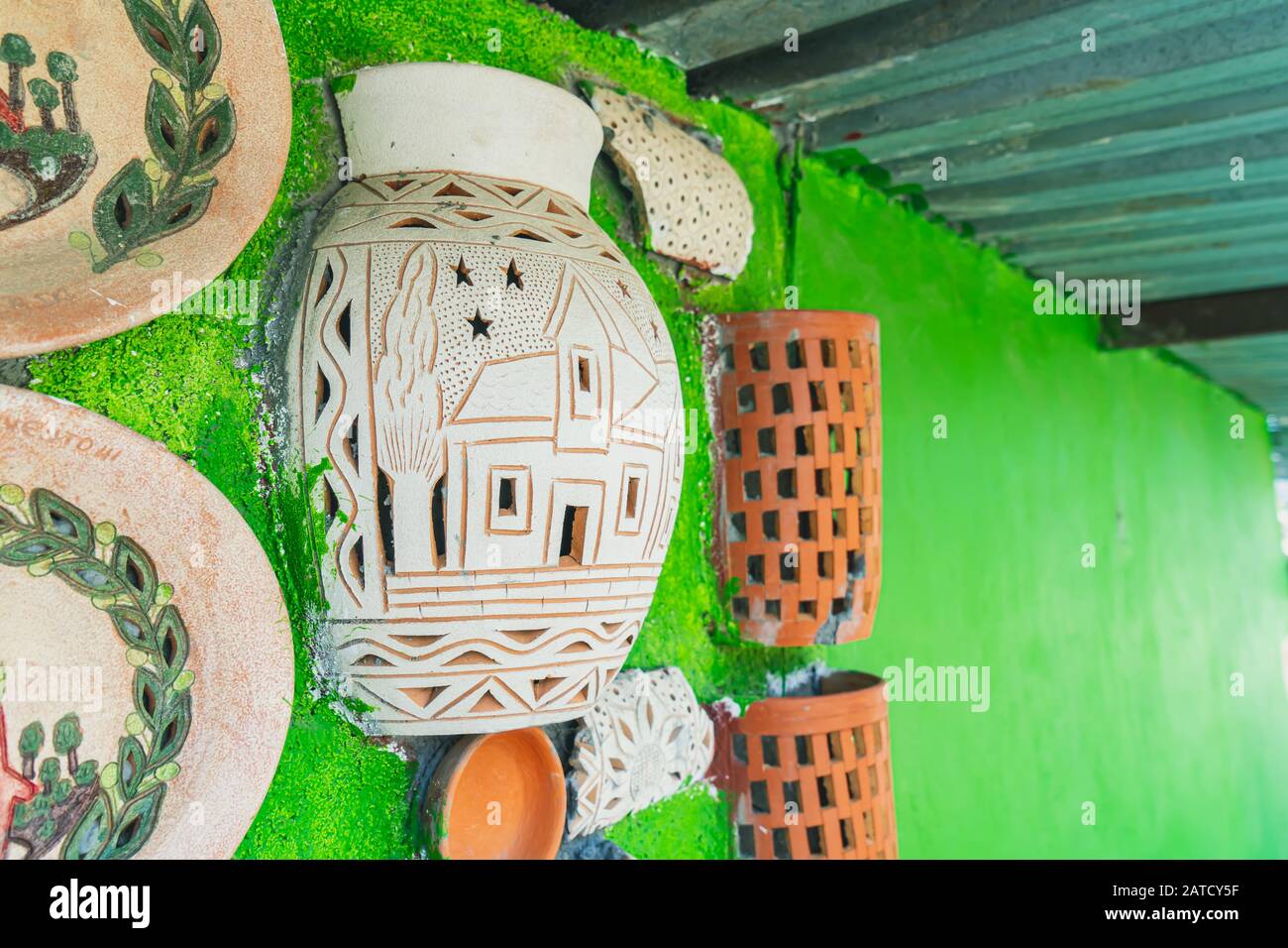Green Pottery Traditional Village Atzompa, Oaxaca, Mexico Stock Photo