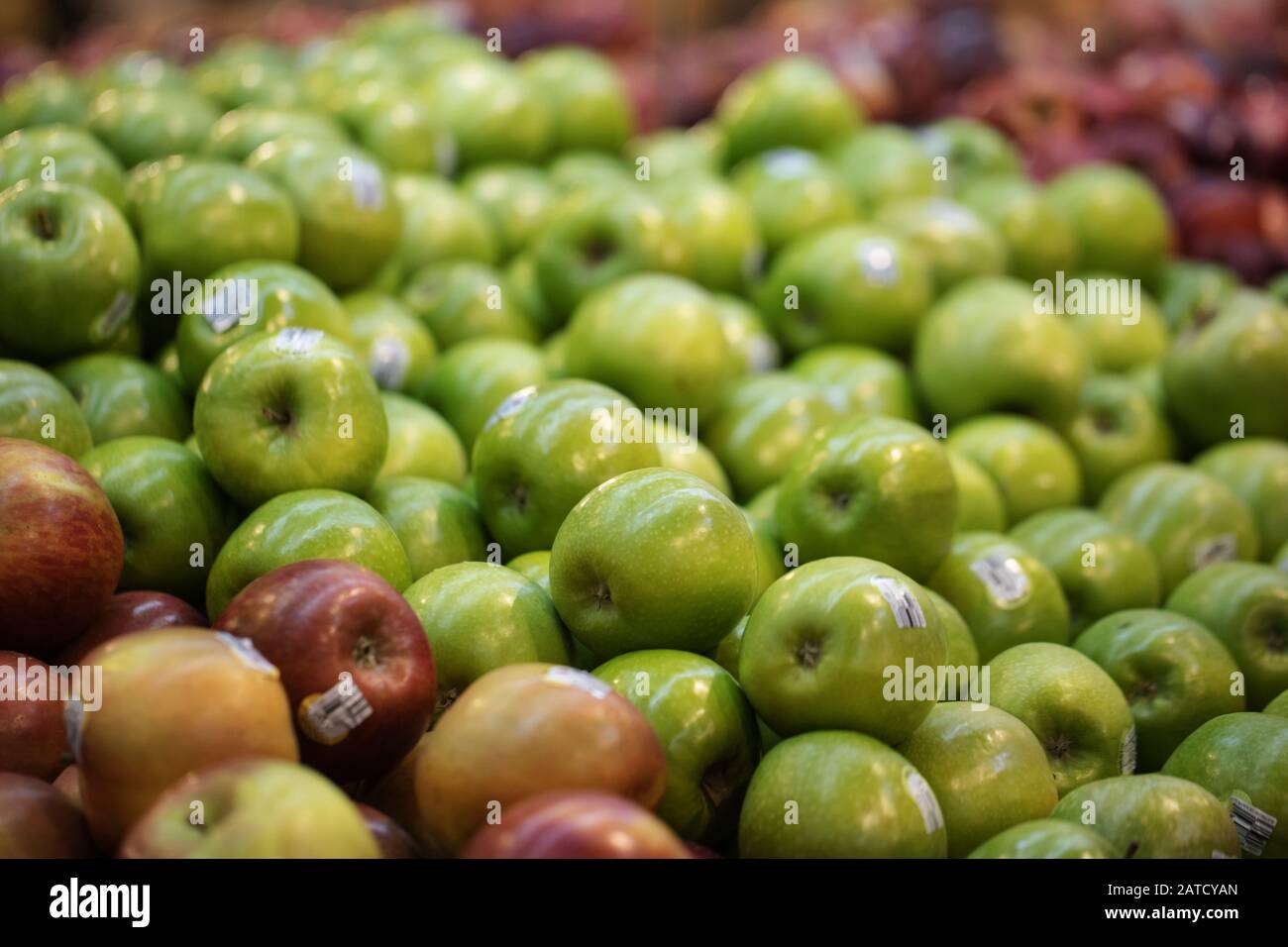 red and green apples on display in a fruit shop market with bar code stickers on them Stock Photo