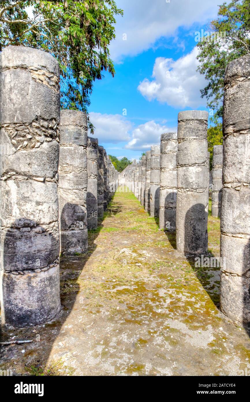 The Group of the Thousand Columns is a vast plaza that has the shape of an irregular quadrilateral connected to the ancient ruins of the Temple of the Stock Photo