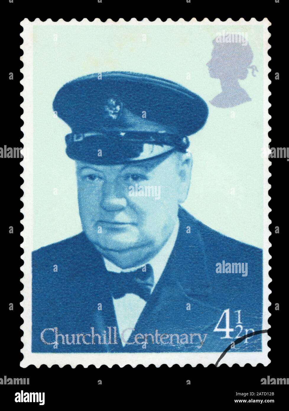 UNITED KINGDOM - CIRCA 1965: A used postage stamp printed in UK shows a portrait of the British Prime Minister Sir Winston Churchill, circa 1965. Stock Photo