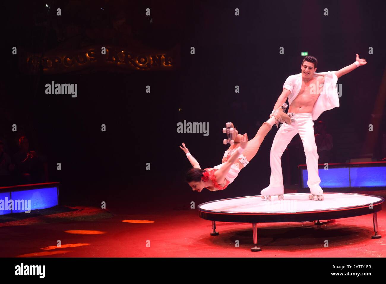 Munich, Germany. 01st Feb, 2020. The duo Zavatta will be showing their roller skate rally at the premiere of the 2nd winter programme under the motto 'My Circus - My Krone' at Circus Krone. The programme will run until 29 February 2020. Credit: Ursula Düren/dpa/Alamy Live News Stock Photo