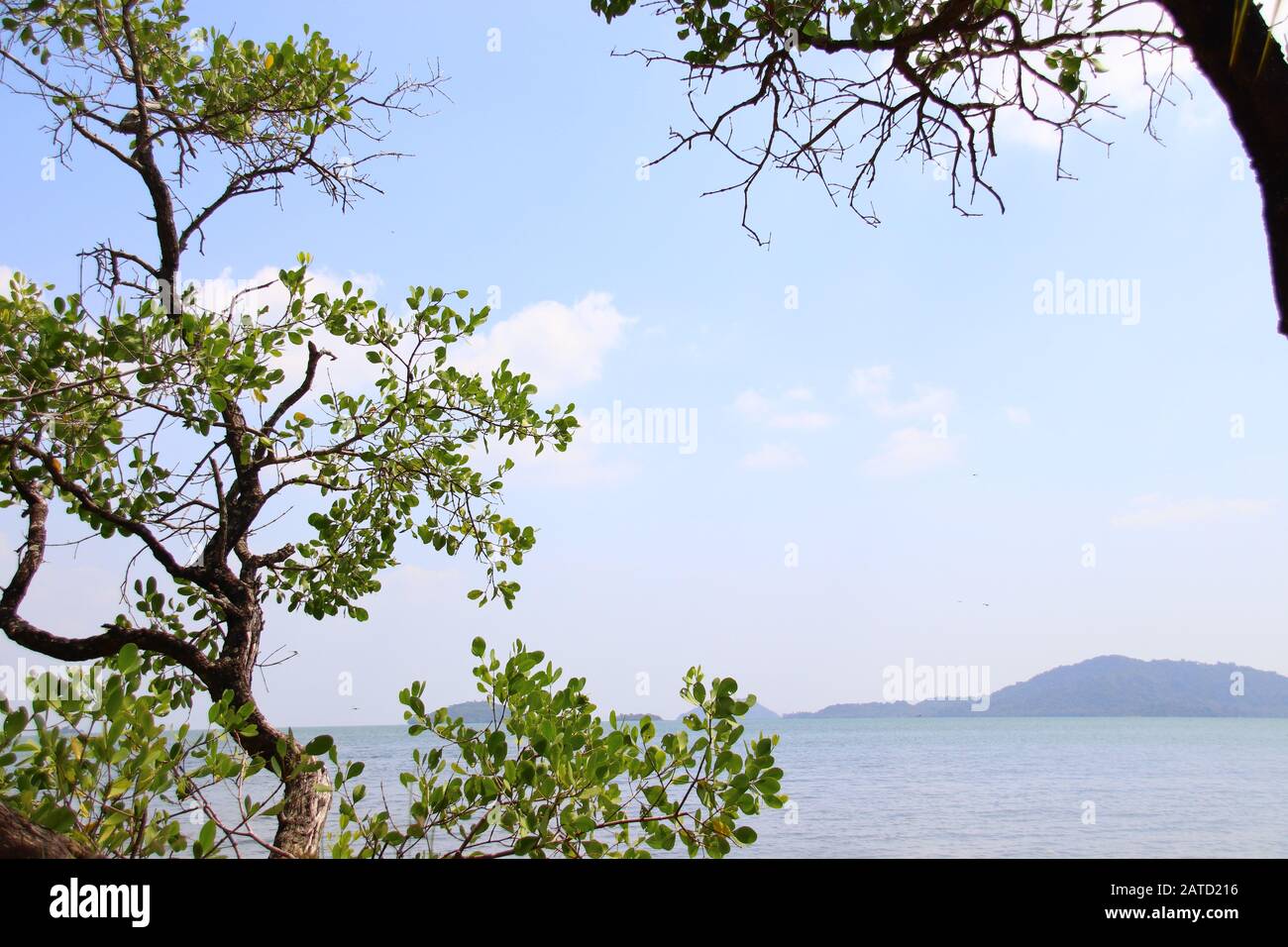 Scenic view of Koh Tonsay or Rabbit Island framed by trees as seen from the boulevard of Kep in Cambodia Stock Photo