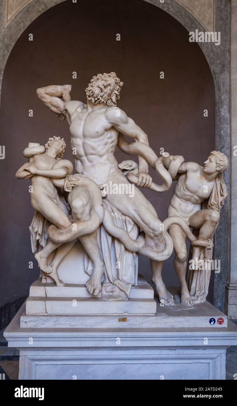 The famous statue, Laocoon and His Sons, on display in the Vatican Museum, Vatican City. Stock Photo
