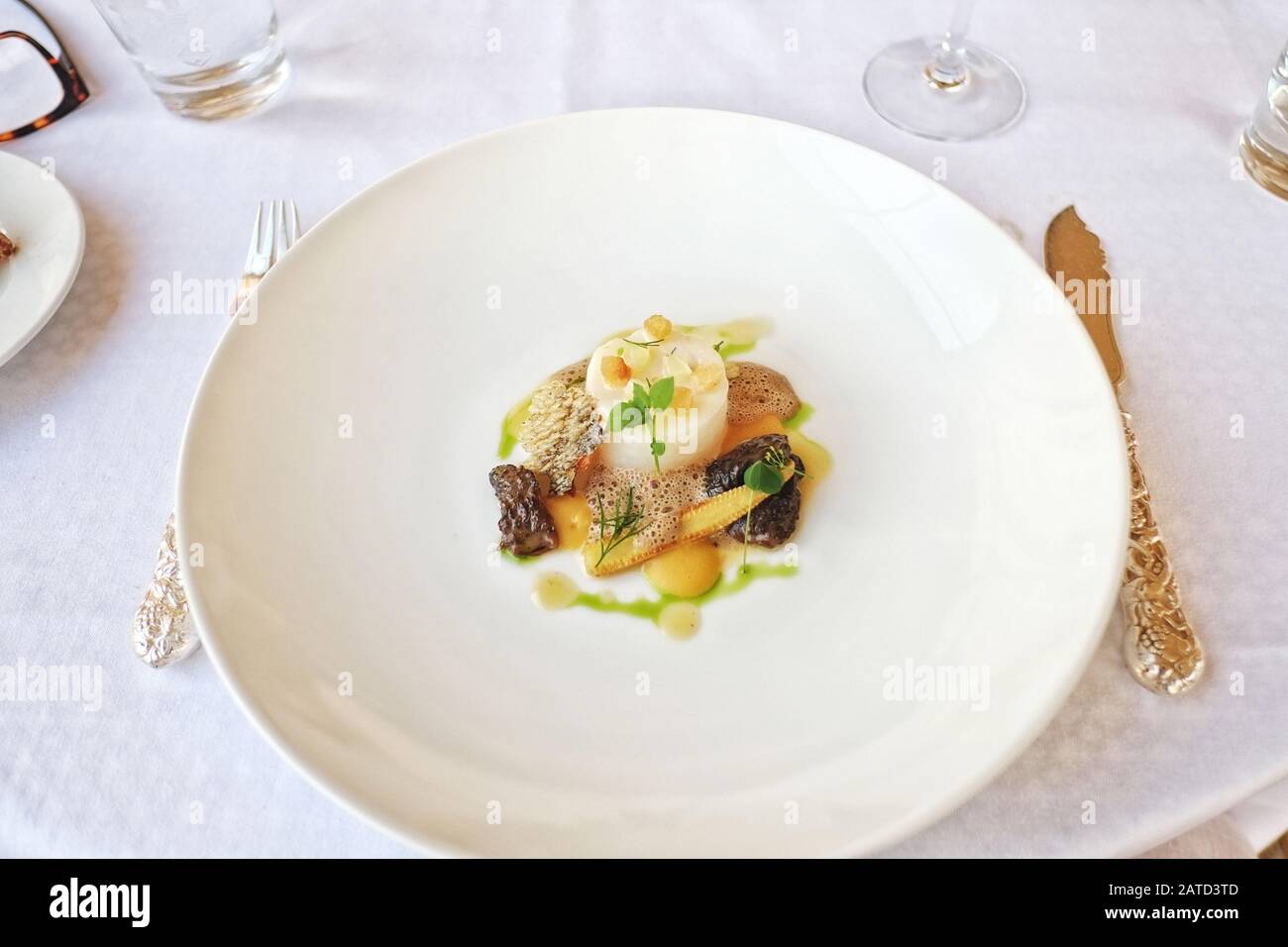 Cod Fish Cooked Under the Oven Grill, Morel and Corn Fricassee in Jura