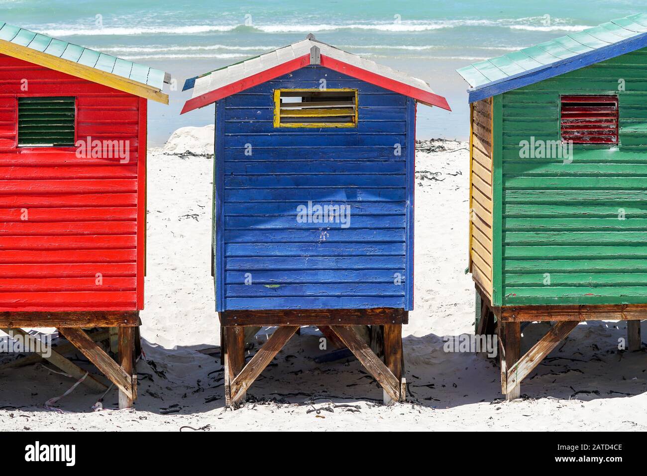 colourful, multicoloured beach huts, cabins old and wooden with peeling paint at Muizenberg beach, Cape Peninsula,South Africa concept abstract summer Stock Photo