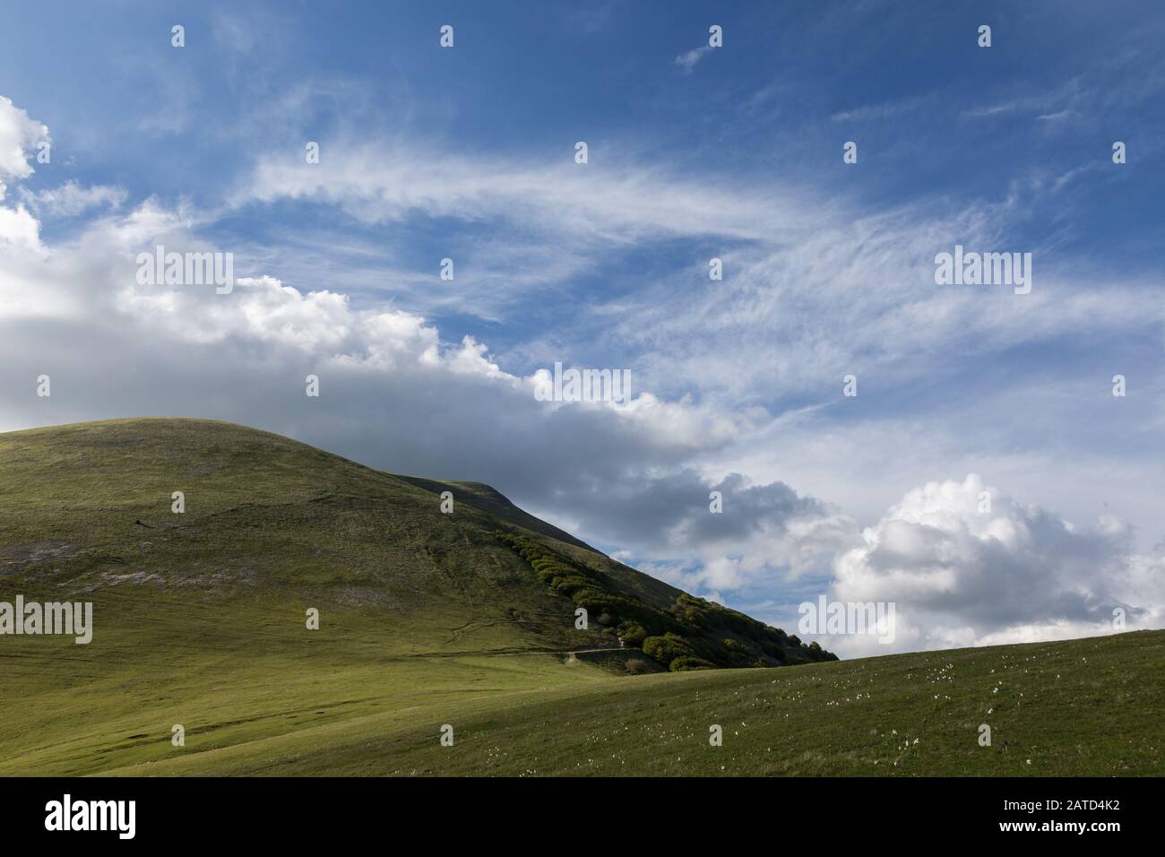 Mountains view in spring with green meadows and blue sky Stock Photo