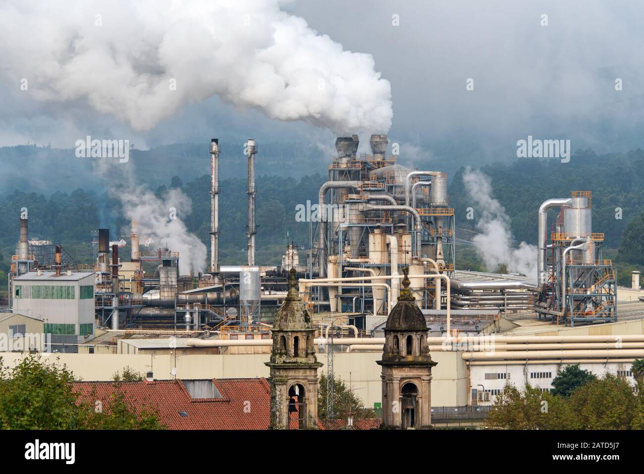 Chemical factory with smoke stack. Smoke emission from factory pipes