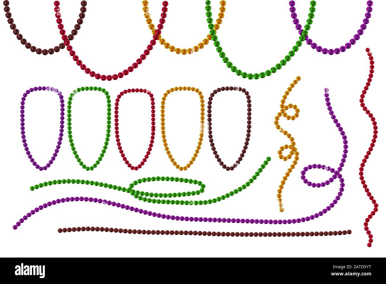 Mardi Gras beads isolated on white background. Mardi Gras beads in traditional colors. Decorative glossy realistic elements. Stock vector illustration Stock Vector