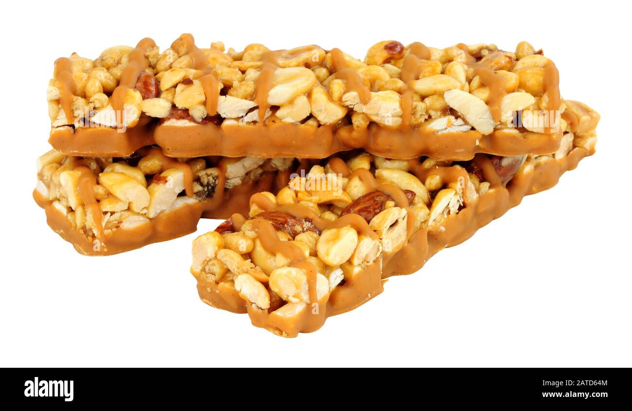 Peanut and almond nut snack bars isolated on a white background Stock Photo Alamy