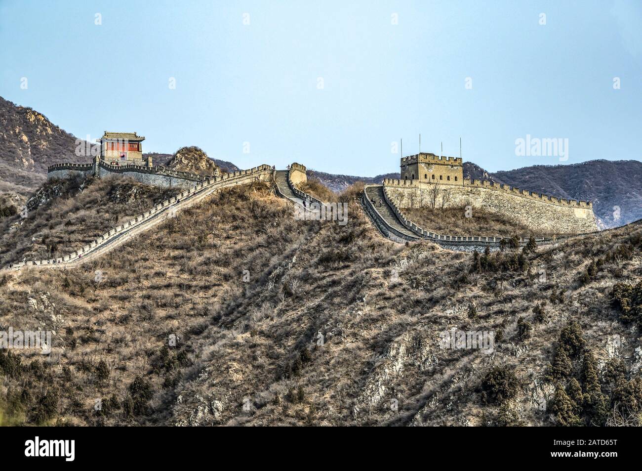 Buildings of a fragment of the Great Chinese Wall in the mountains near Bejing. Stock Photo