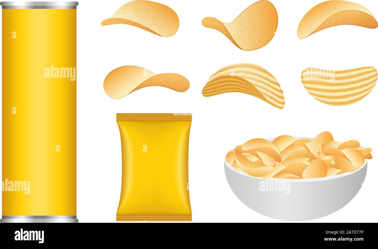 Chips potato icons set. Realistic set of chips potato vector icons for