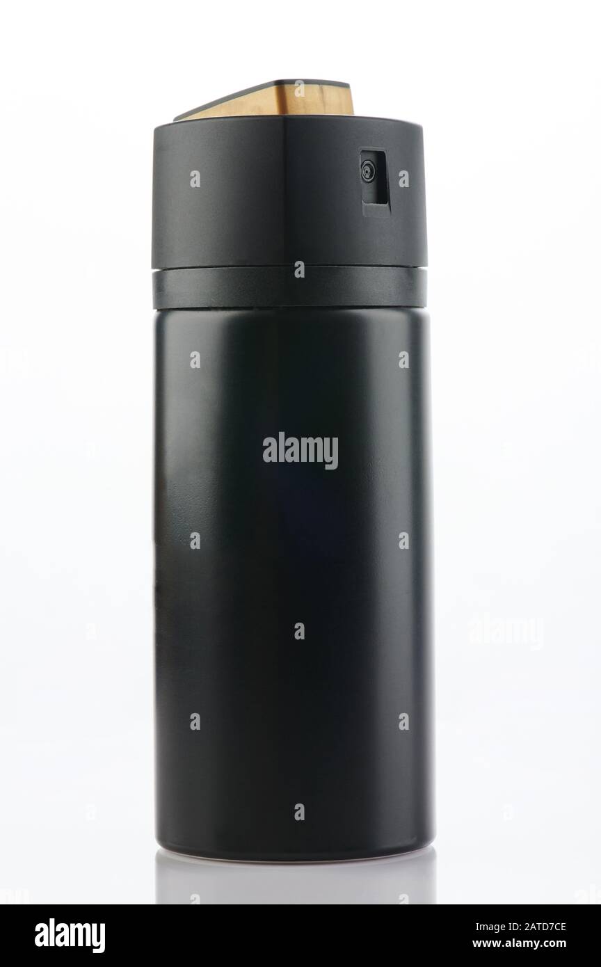 Generic black color spray can isolated close up view Stock Photo - Alamy