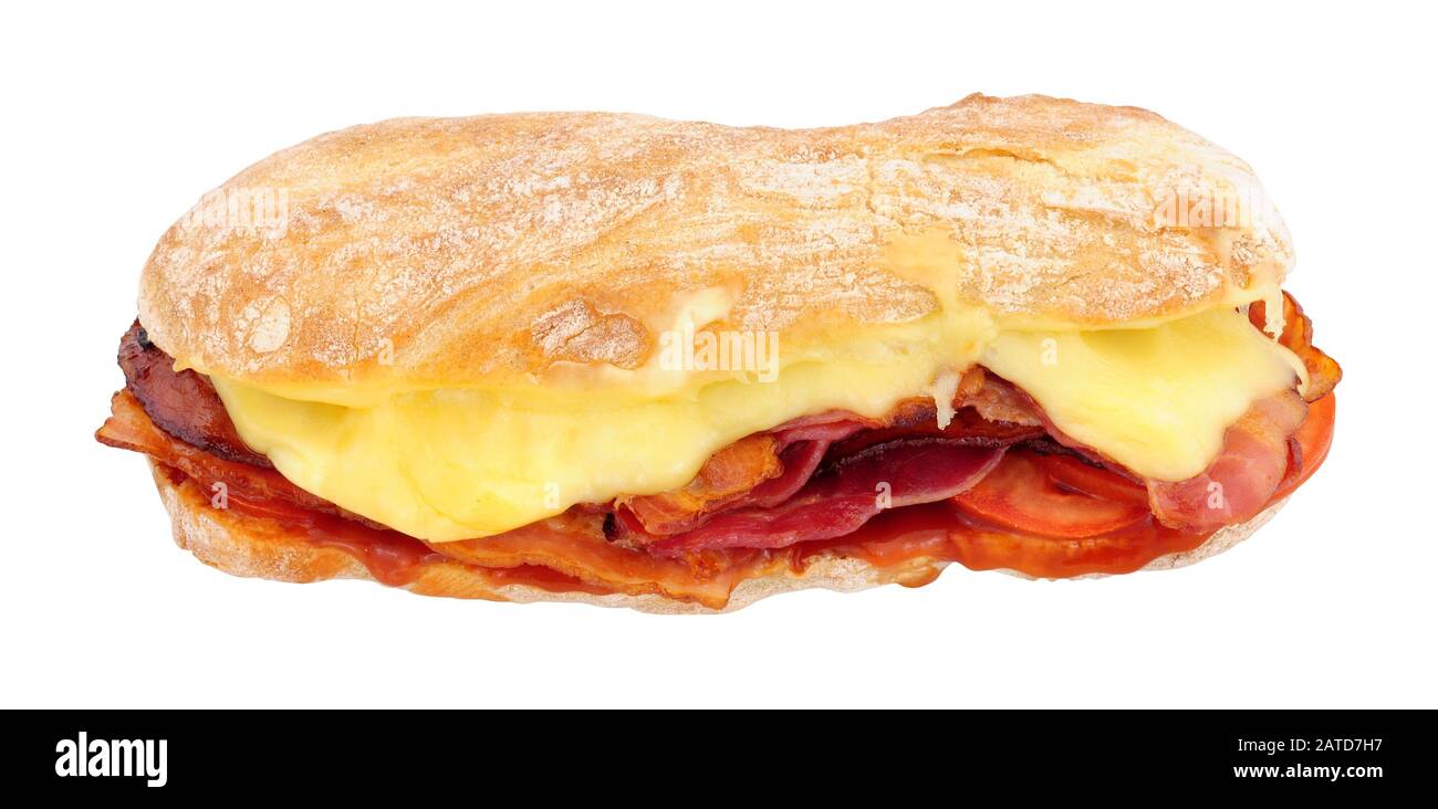 Ciabatta sandwich filled with bacon and melting cheese isolated on a