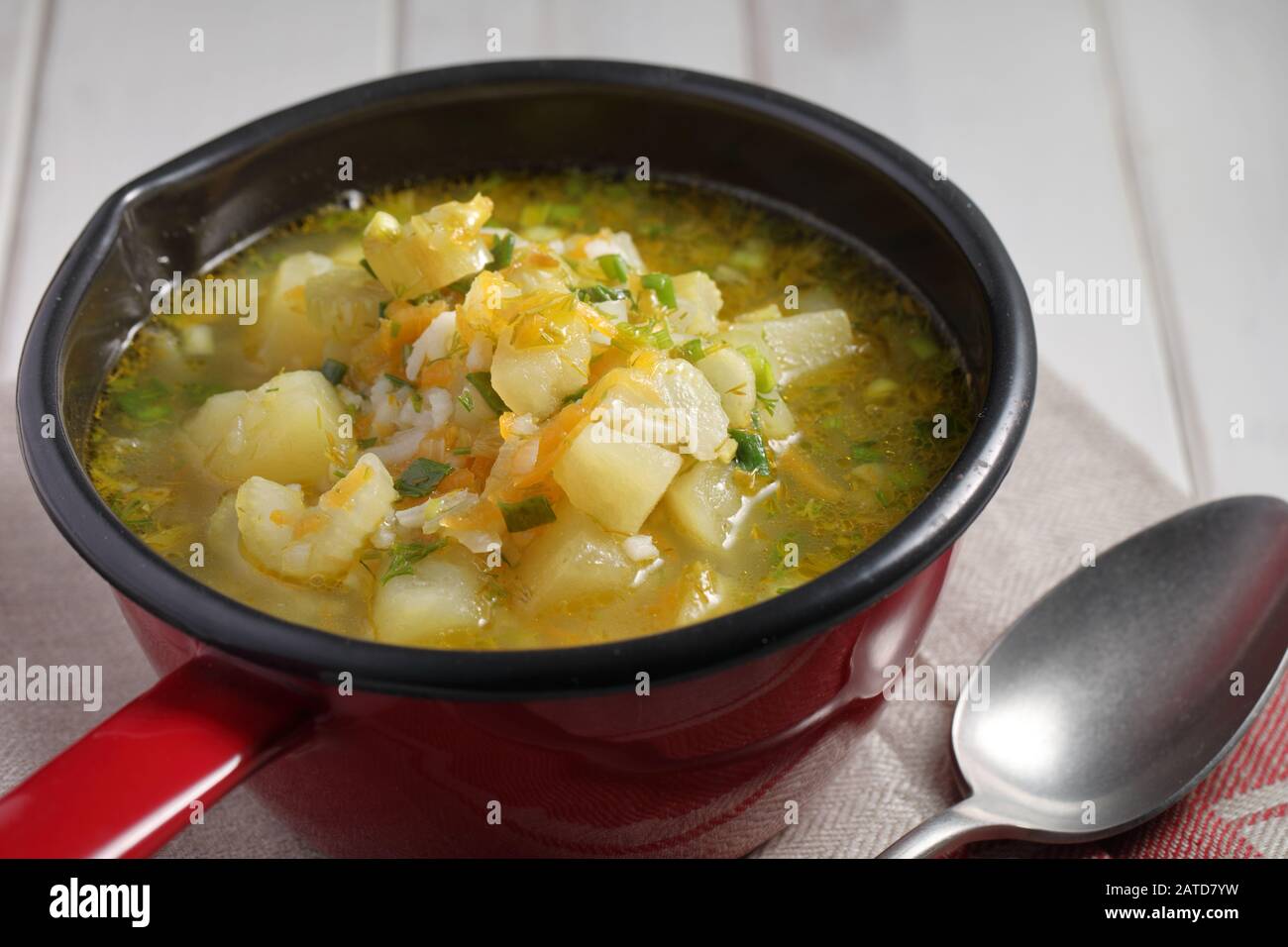 Vegan soup with potato, celery, carrot, rice, and green onion in a red