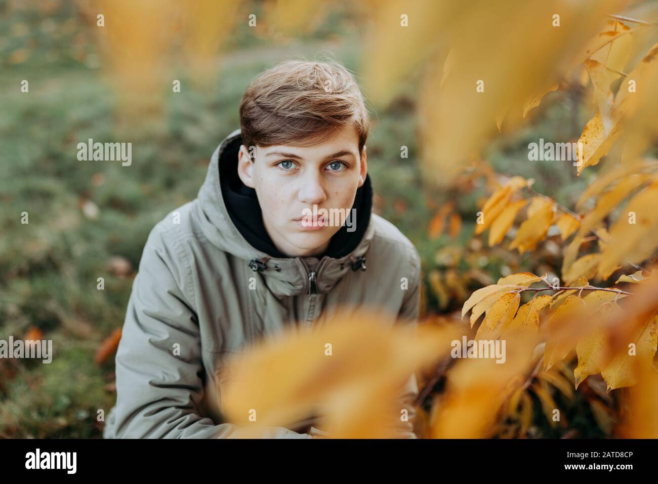 Portrait of a boy sitting in a garden, Netherlands Stock Photo