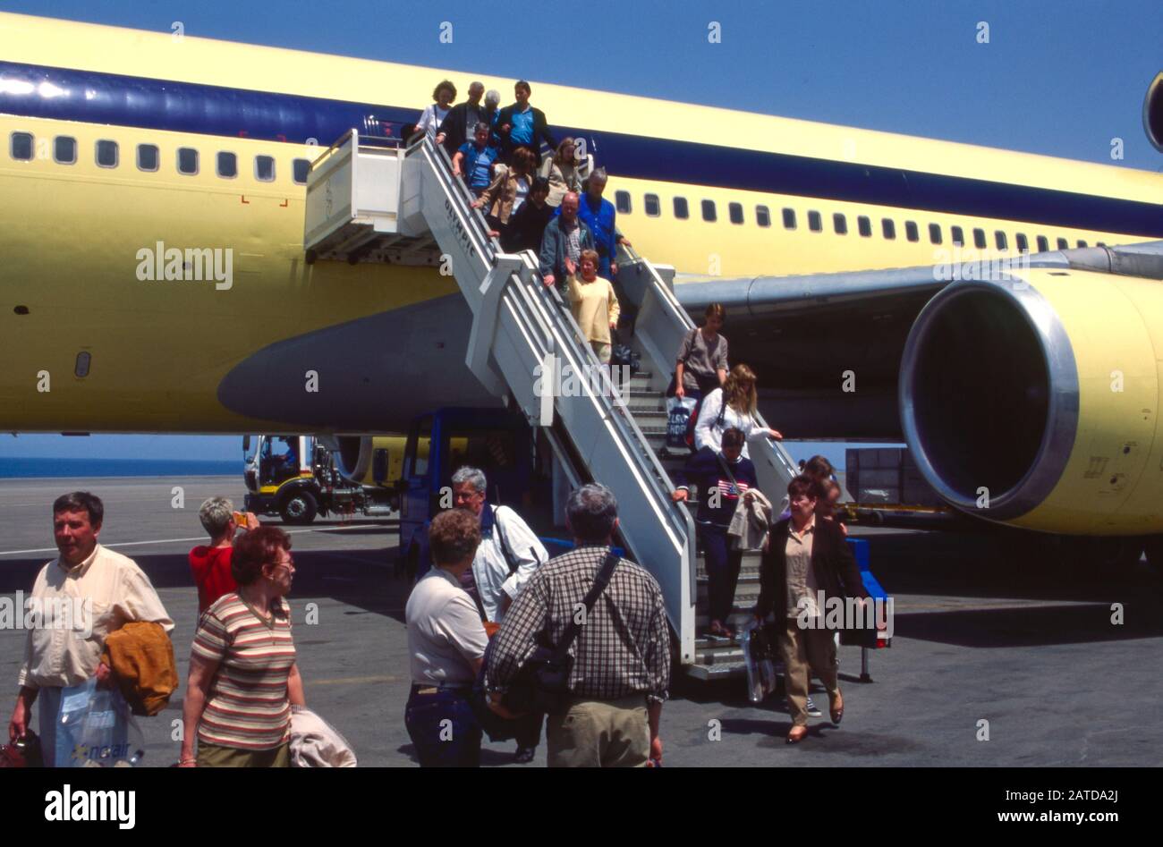 Charter tourists land on the island of Crete in Greece. Stock Photo