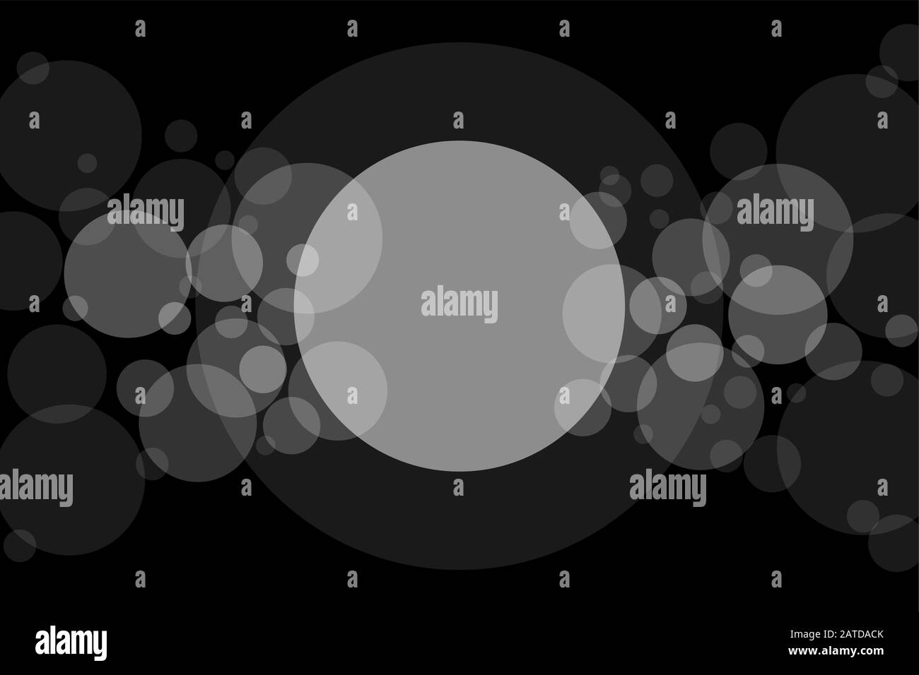 Crossing transparent circles abstract overlay background. White bubbles randomly placed on black and one big circle with room for your text or symbols Stock Vector