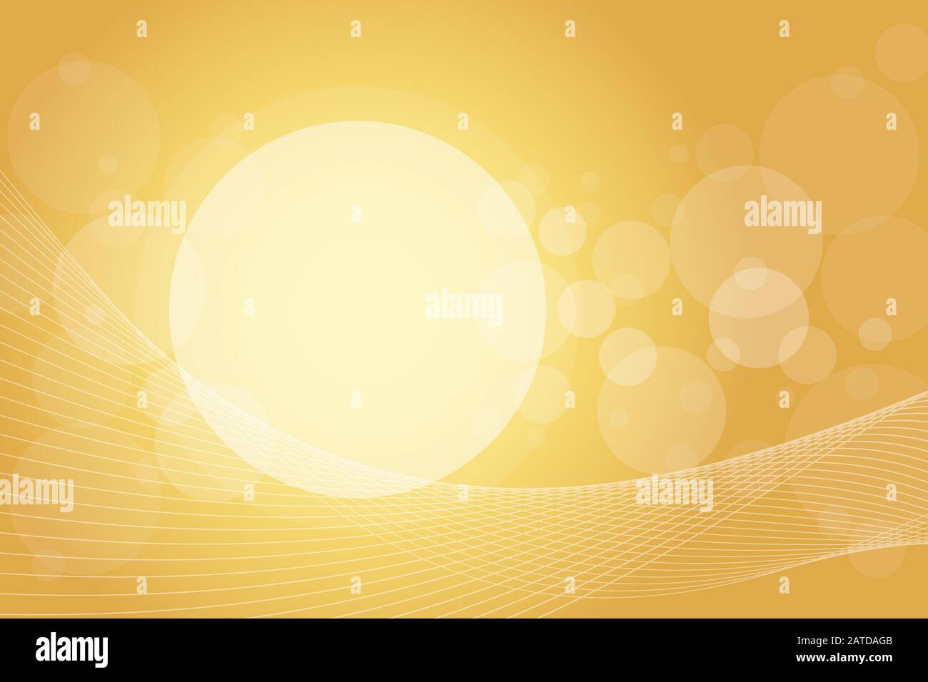 Crossing transparent circles and twisted intertwined curved lines on golden gradient background. Random bubbles and waves placed on gold color banner Stock Vector