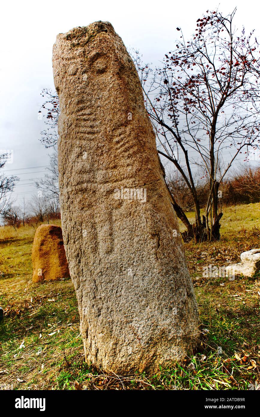 A view of pre-christian idol, at the Khortyca island, the Sich, Ukraine kozaks stronghold near Zaporizhzhia, at Dnipro river Stock Photo