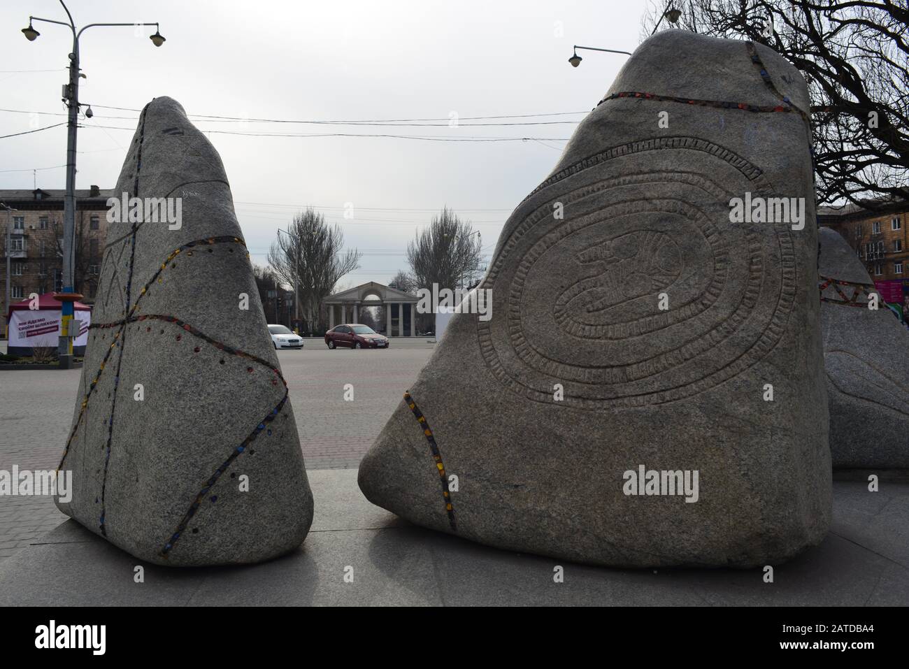 A view of the stone monuments at the center of  Zaporizhzhia, Ukrainian city at Dnipro river Stock Photo