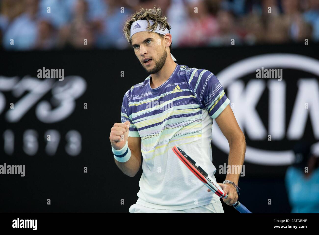 Melbourne, Australia. 02nd Feb, 2020. Dominic Thiem of Austria fist pumps  against Novak Djokovic of Serbia during the Men's Singles Final at the ATP  Australian Open 2020 at Melbourne Park, Melbourne, Australia