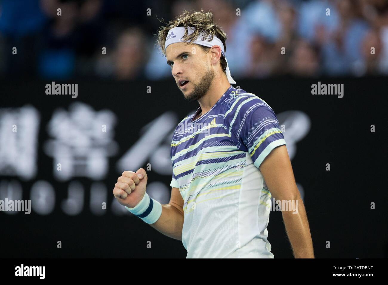 Melbourne, Australia. 02nd Feb, 2020. Dominic Thiem of Austria fist pumps  against Novak Djokovic of Serbia during the Men's Singles Final at the ATP  Australian Open 2020 at Melbourne Park, Melbourne, Australia