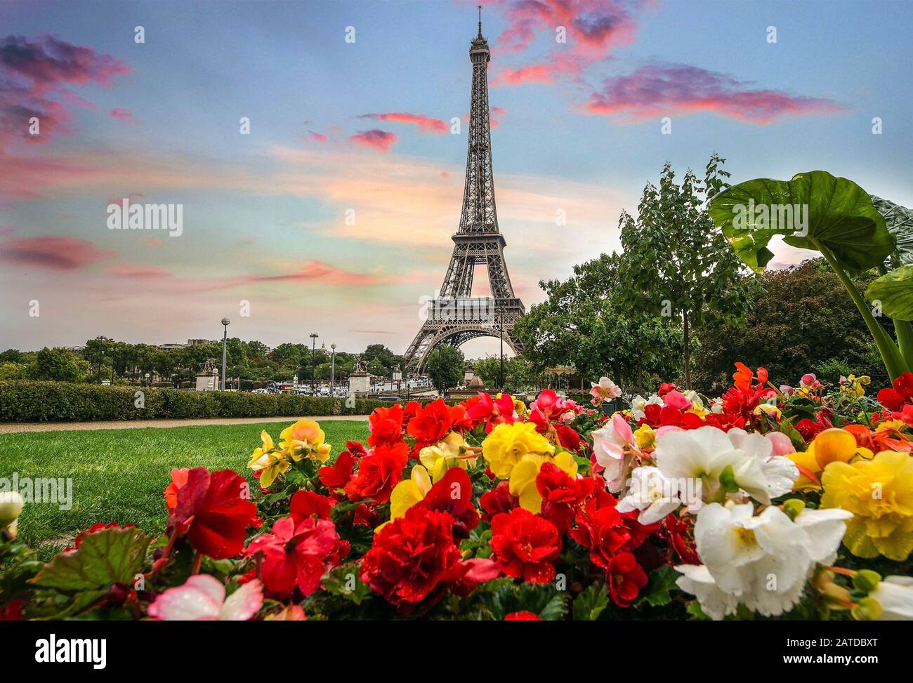 Skyline of Paris city roofs with Eiffel Tower with beatiful spring