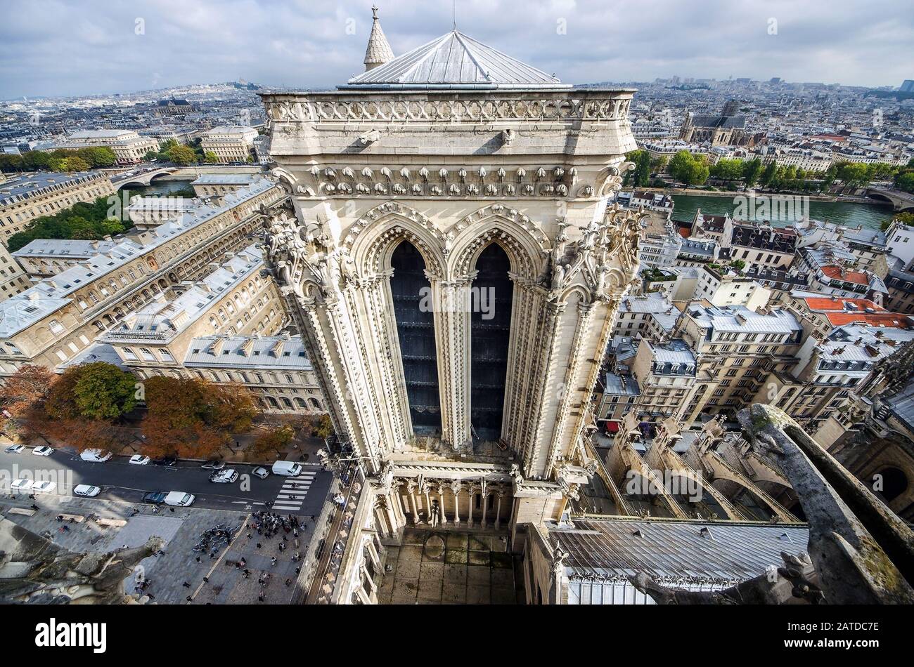 At the top of Cathedral of Notre Dame, Paris, France. View to steeple of church, second tower Stock Photo