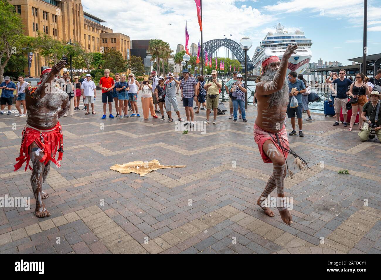 Sydney, NSW, Australia January 5, 2019: Aboriginal performers showcase  traditional dances for large groups of local and international tourists. Stock Photo