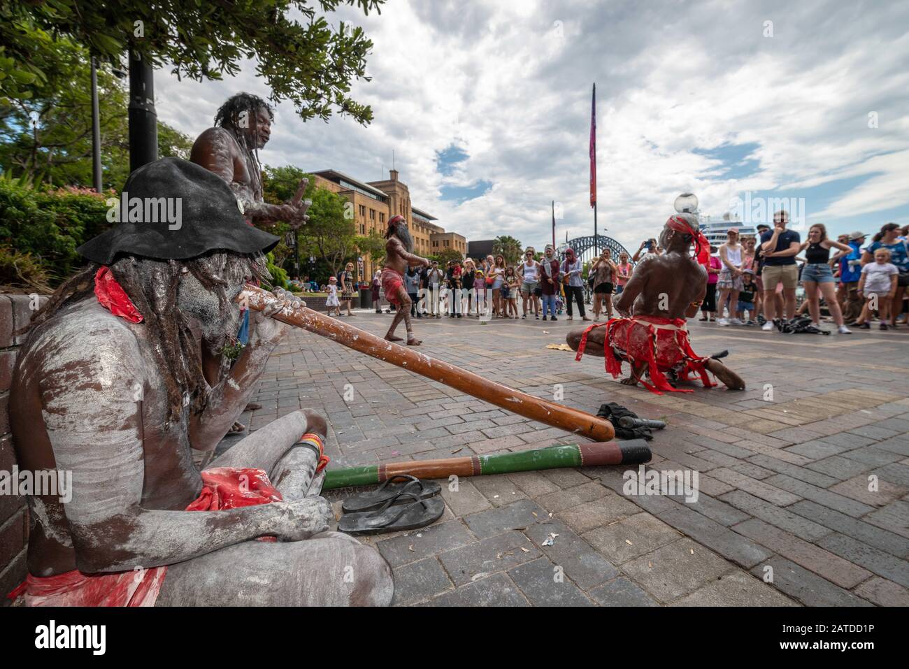 Sydney, NSW, Australia January 5, 2019: Aboriginal performers showcase  traditional dances for large groups of local and international tourists. Stock Photo