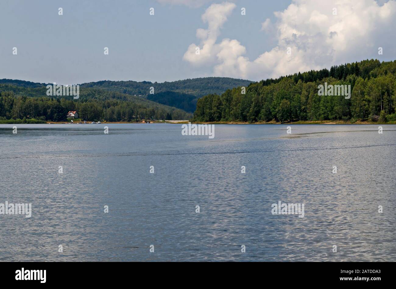 View of the wall built on the Vlasina river, where the artificial Vlasina mountain lake is formed, South eastern Serbia, Europe Stock Photo