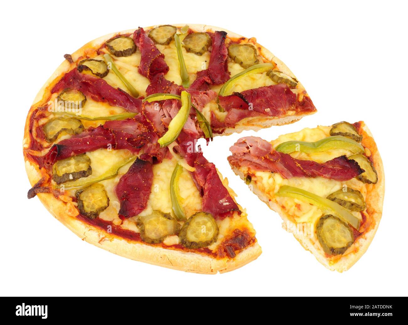 Pastrami meat and cheese topped pizza isolated on a white background