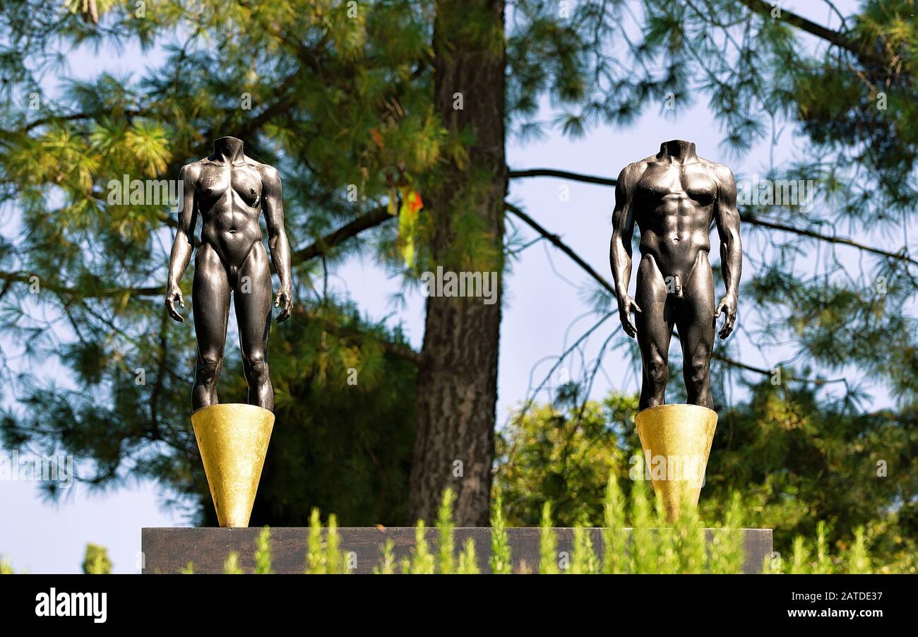 Sculptures at Olympic Park on Lake Geneva embankment in Lausanne Stock Photo