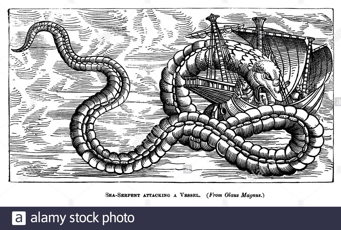 Sea Serpent attacking a vessel, vintage illustration from 1886 Stock Photo