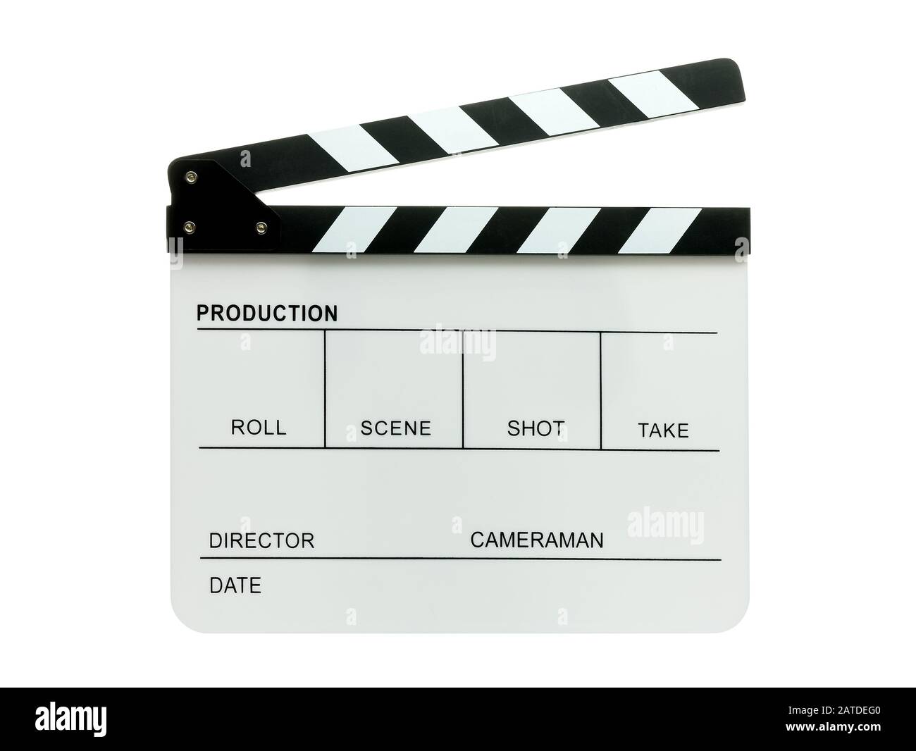 open movie clapper board isolated on white Stock Photo