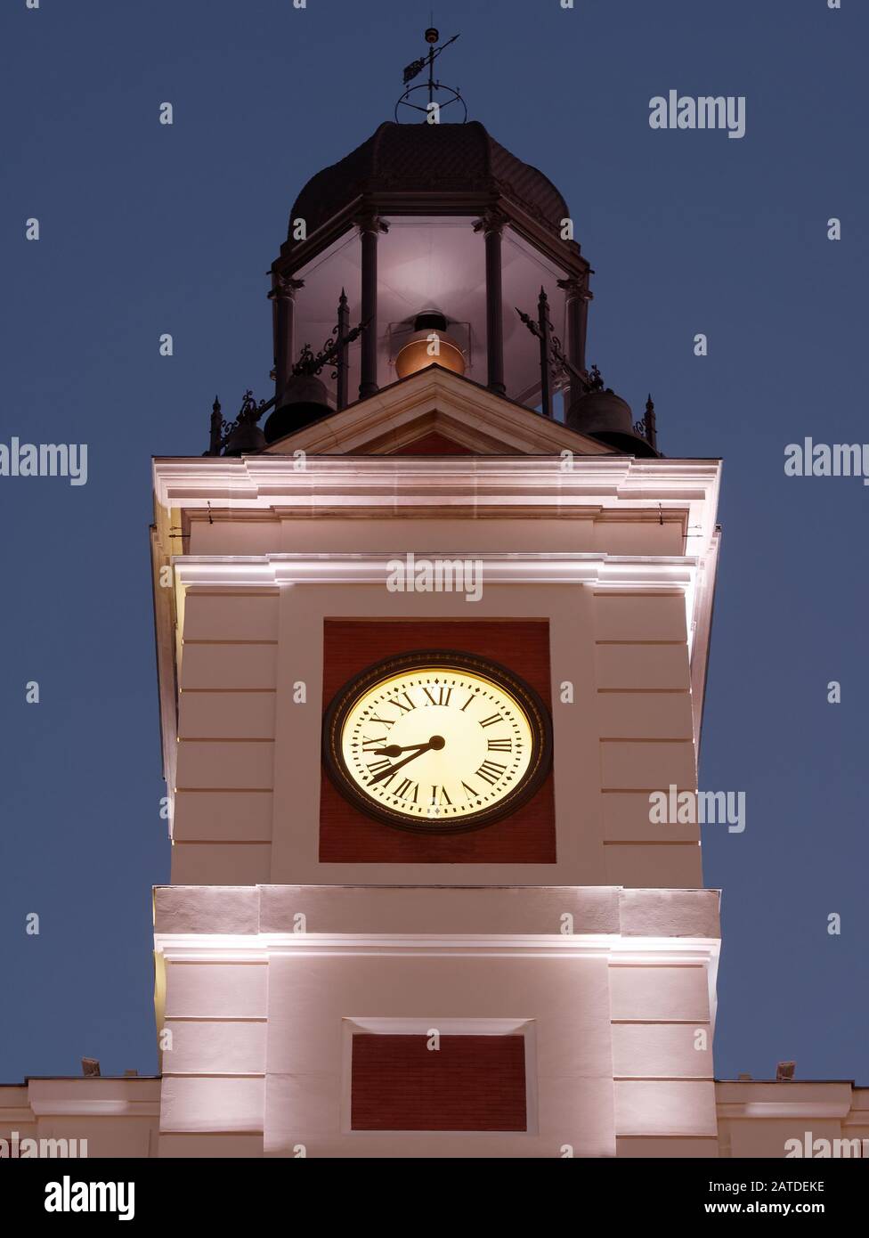 Town Hall Clock Tower in Madrid, Spain at dusk or twilight Stock Photo