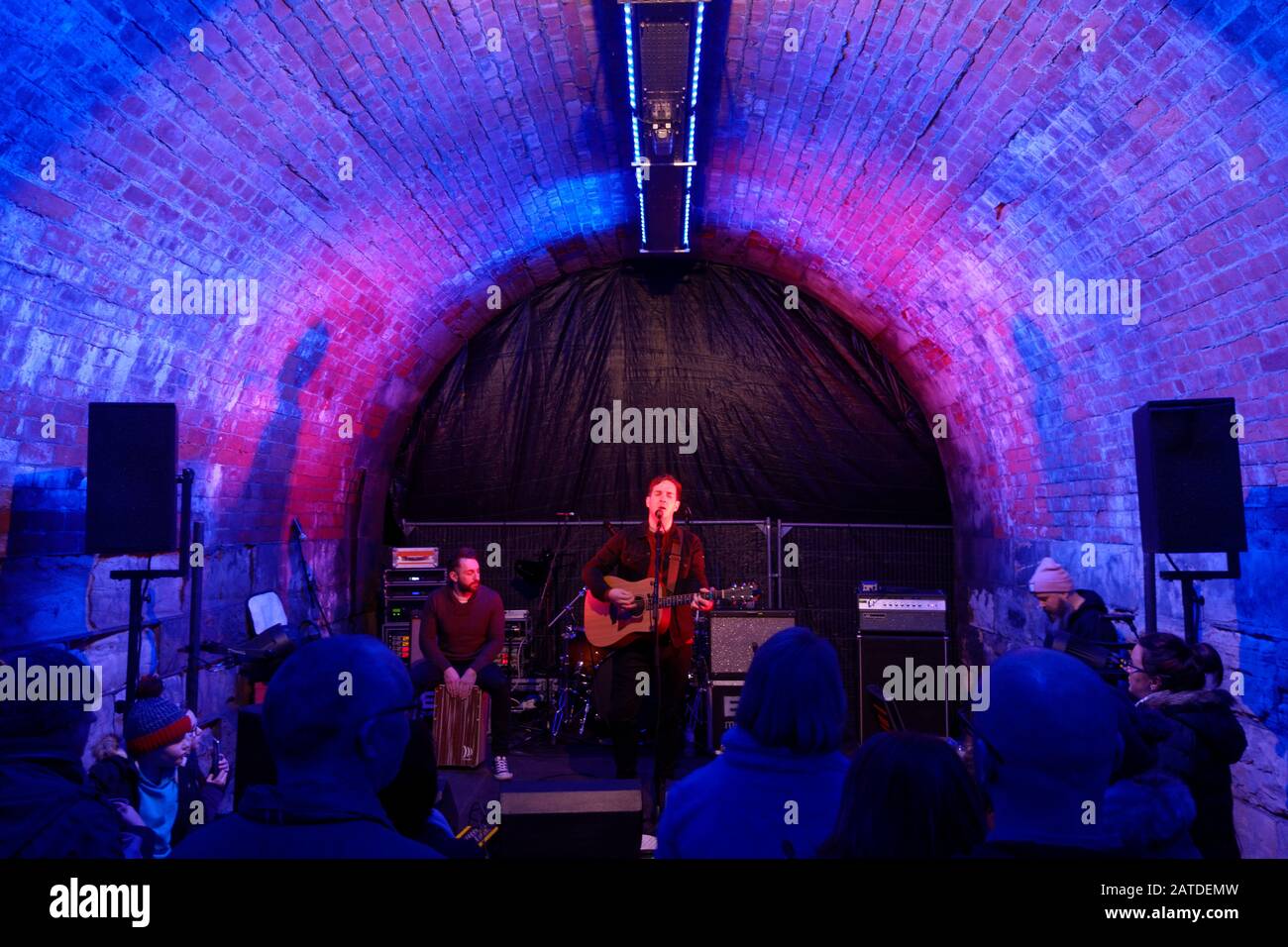 Stevie McCrorie playing in a stage under the Queens Bridge at the Perth City Riverside Light Nights 2020, Perth, Scotland, United Kingdom Stock Photo