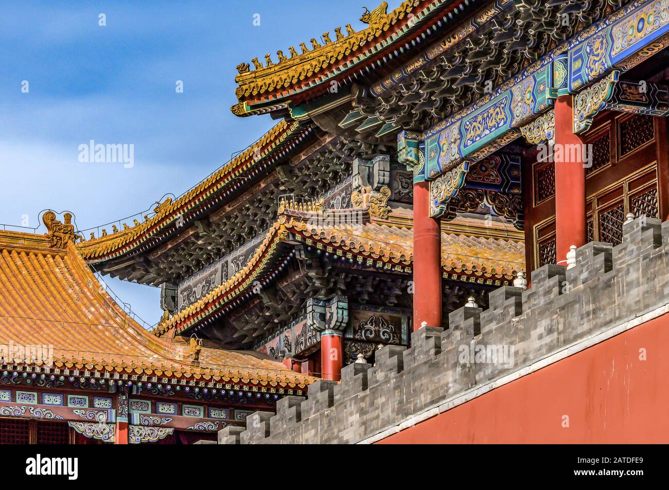 China, Beijing, Forbidden City Different design elements of the colorful buildings rooftops closeup details. Stock Photo