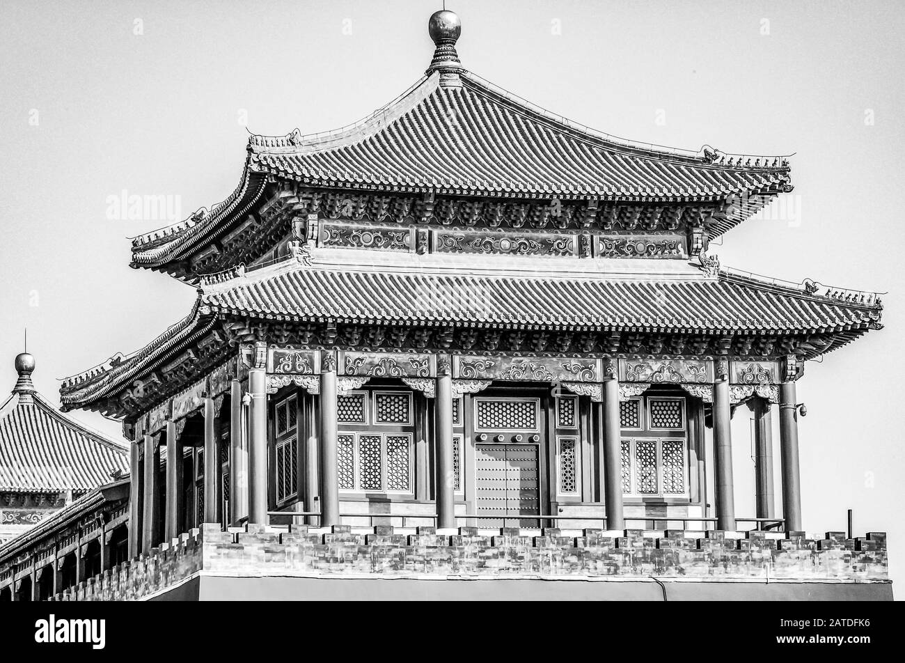 China, Beijing, Forbidden City Different design elements of the colorful buildings rooftops closeup details. Stock Photo