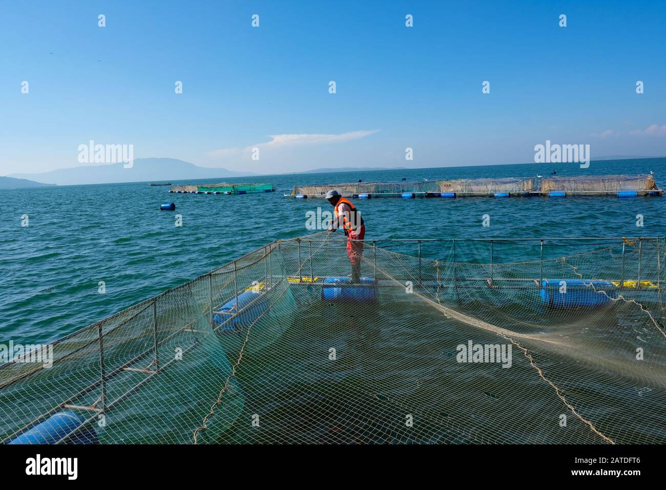 An employee of Victory Farms, the largest fish farmer in Kenya, fixes netting on a fish cage in Lake Victoria Stock Photo