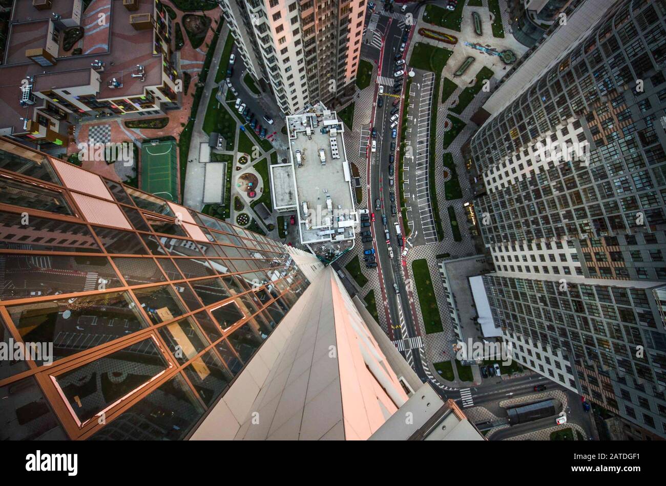 A wide angle view of the city's business district from high above and looking straight down. Stock Photo