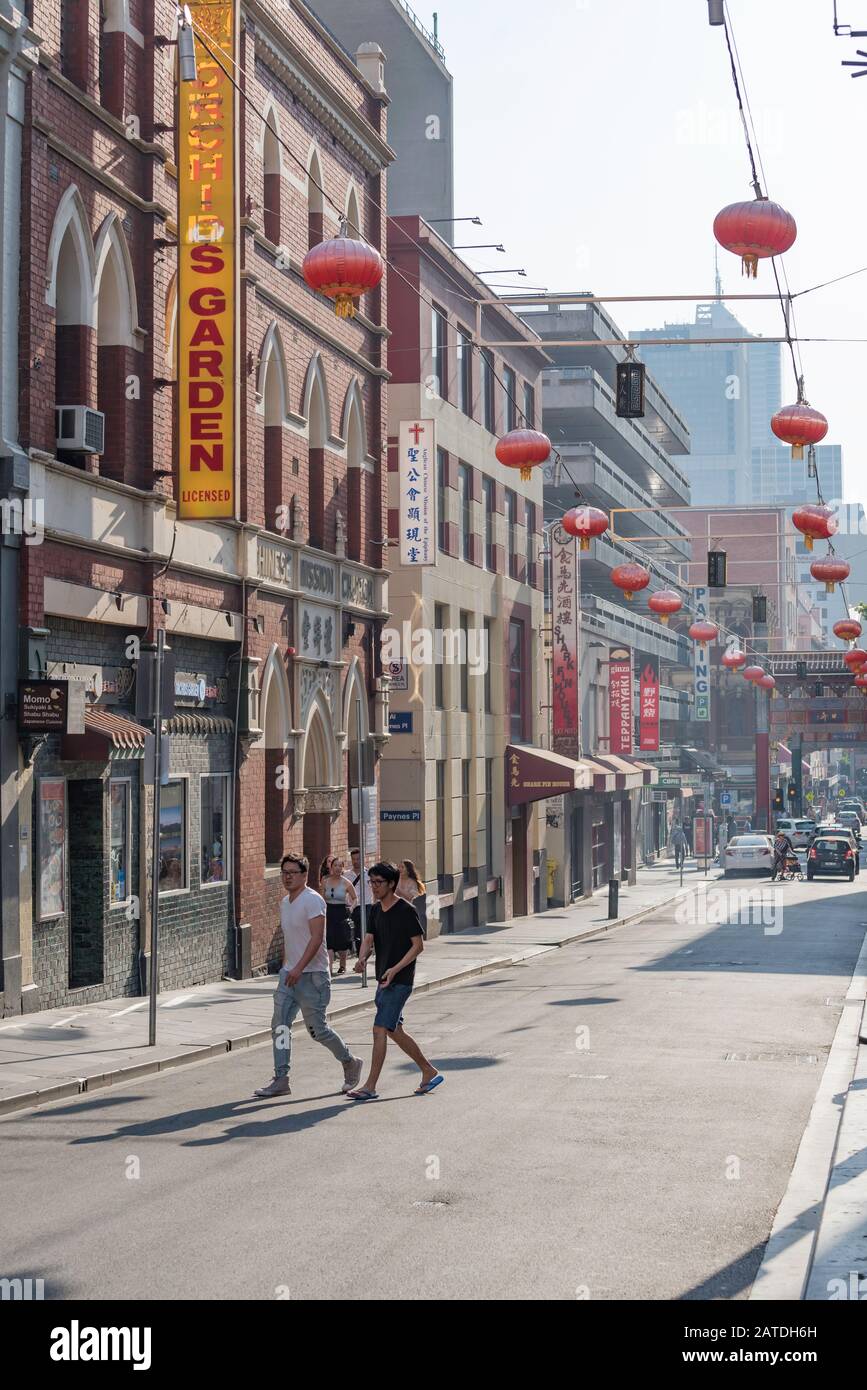 Melbourne, Australia Dec 20th, 2019: Little Bourke Street in China Town precinct is filled with smoke haze from the New South Wales bushfires. Stock Photo