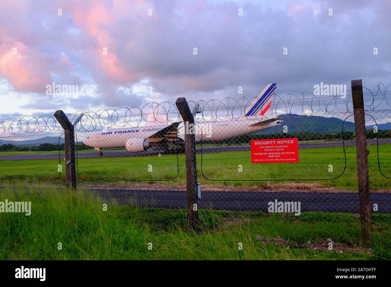 An Air France Cargo jet prepares to take off from the Sir Seewoosagur Ramgoolam International Airport in Mauritius Stock Photo